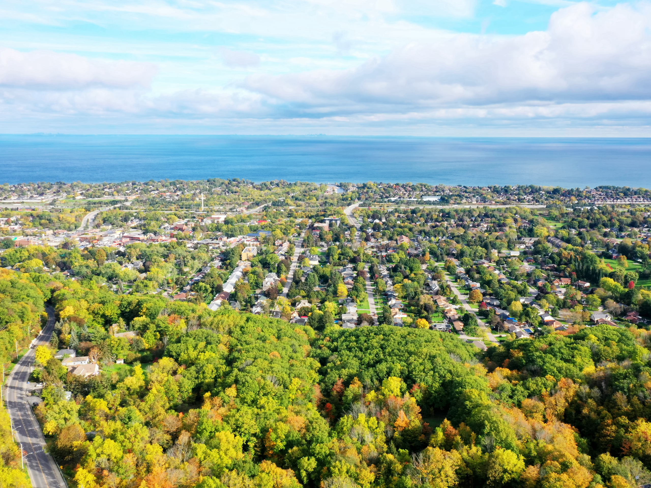 Aerial of Grimsby, Ontario, Canada with lake in background